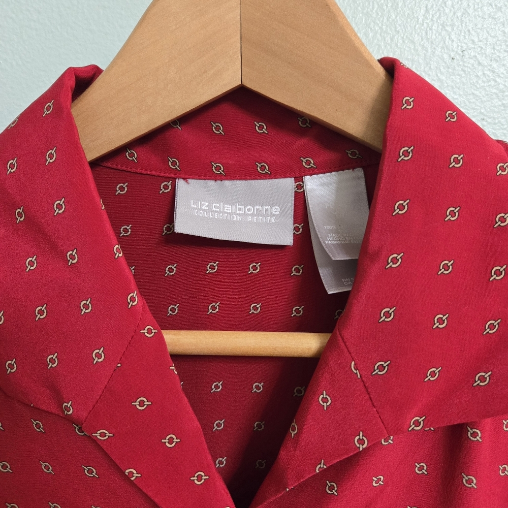 Vtg Silk Liz Claiborne Short Sleeve Button Down Red Black - Picture 3 of 7
